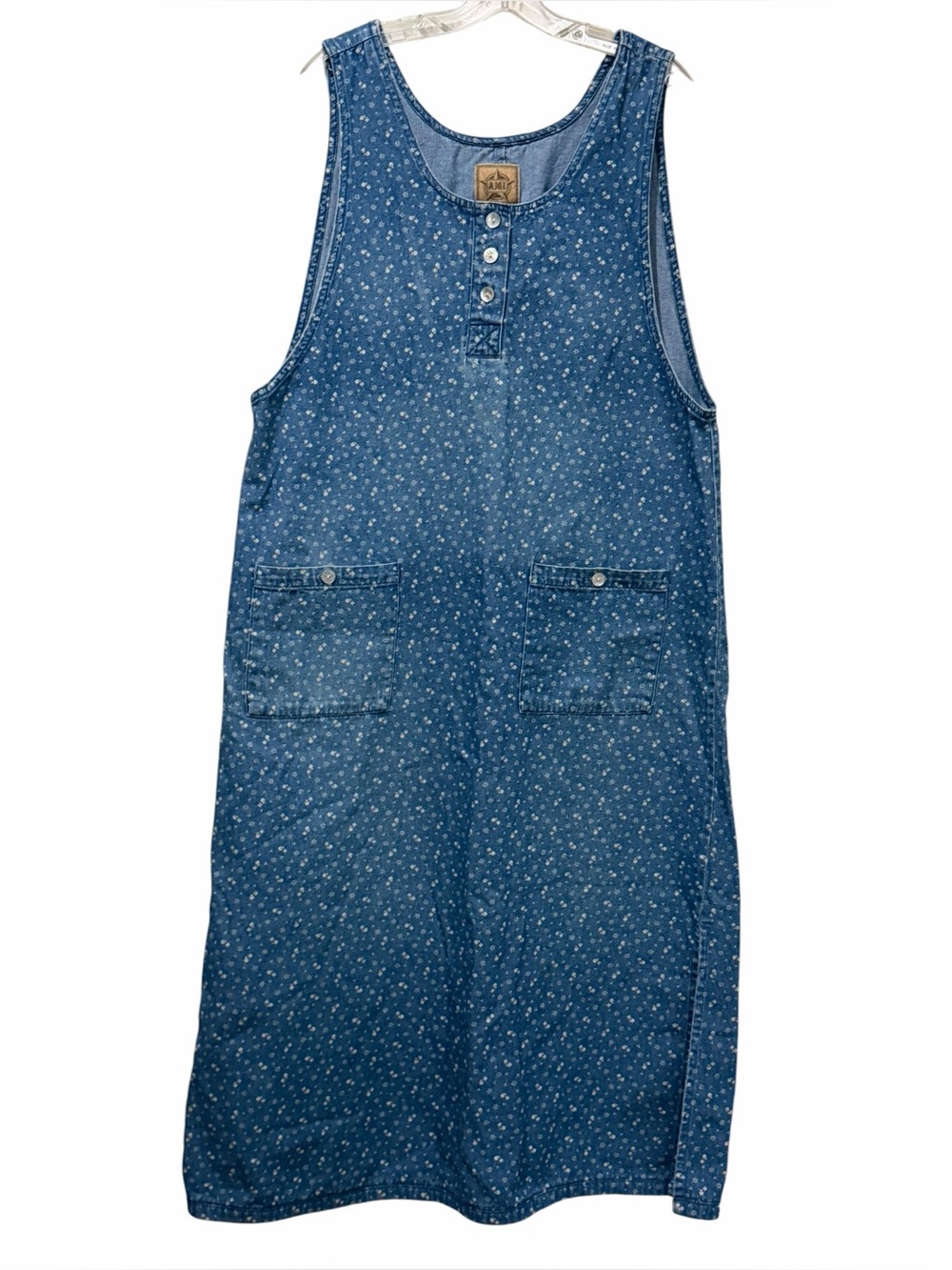 Ami Blue Denim Sleeveless Shift Dress with Micro Floral Print